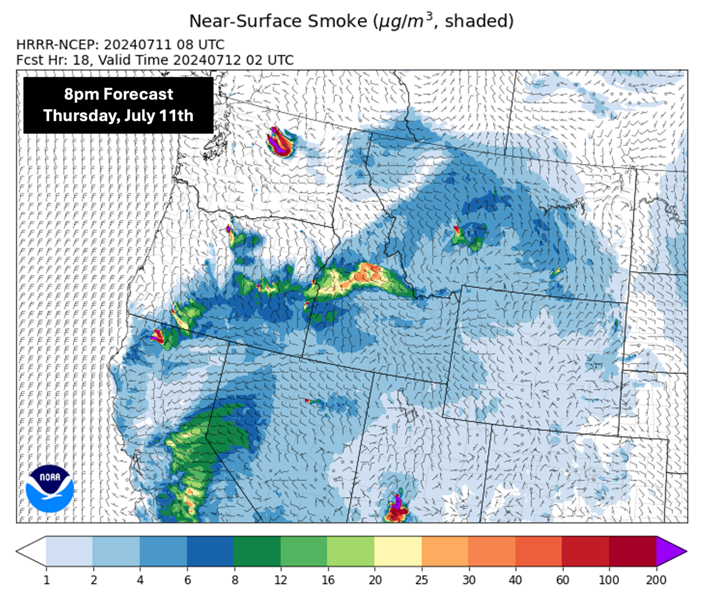 HRRR Smoke Model Map of Near-Surface Smoke forecasted for 8pm local time on Thursday, July 11th, 2024. Light to moderate density smoke is concentrated in Central Montana near Great Falls and east of Helena.